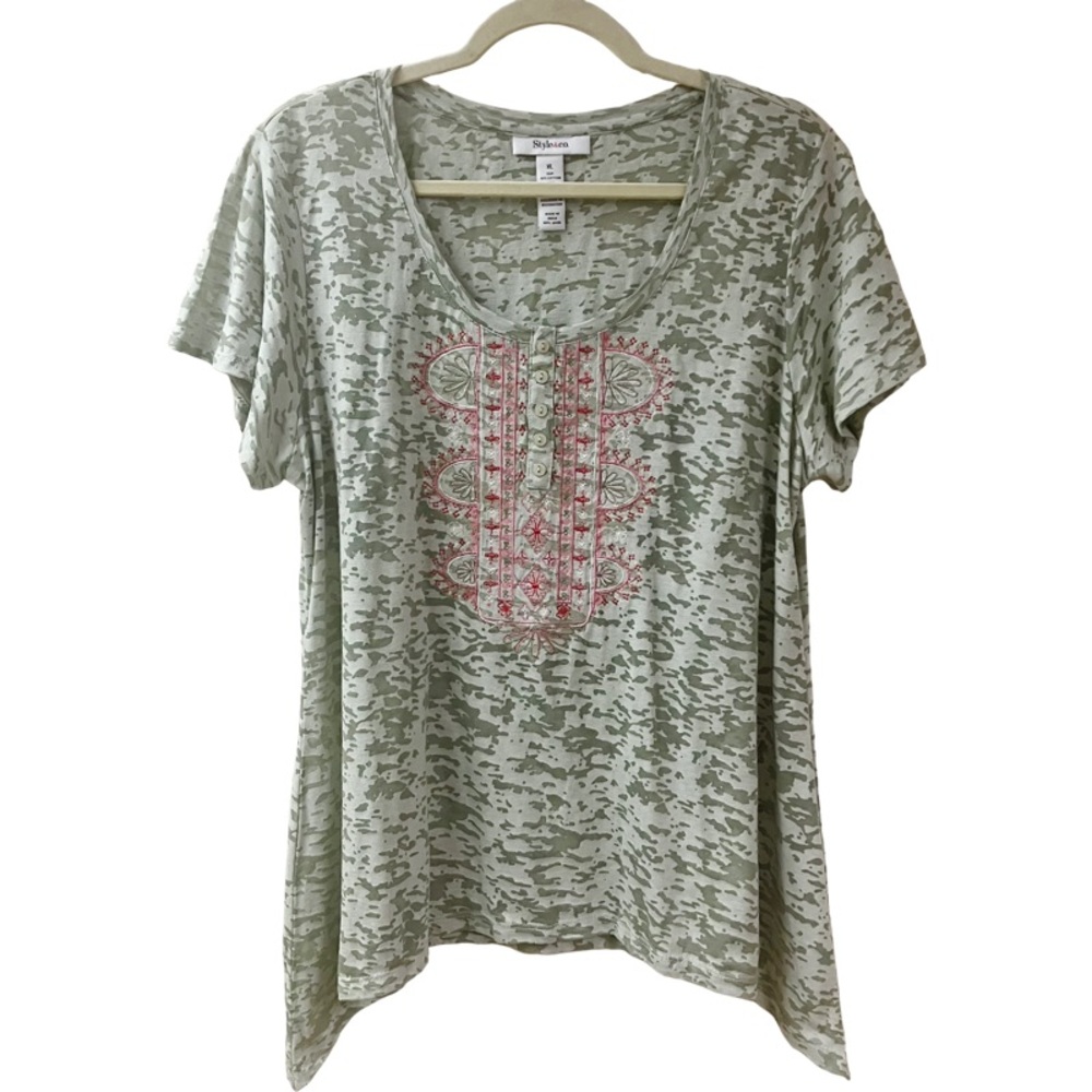 Burnout Henley Festival Style & Co Top XL Sage Green Embroidered Peasant Hippie